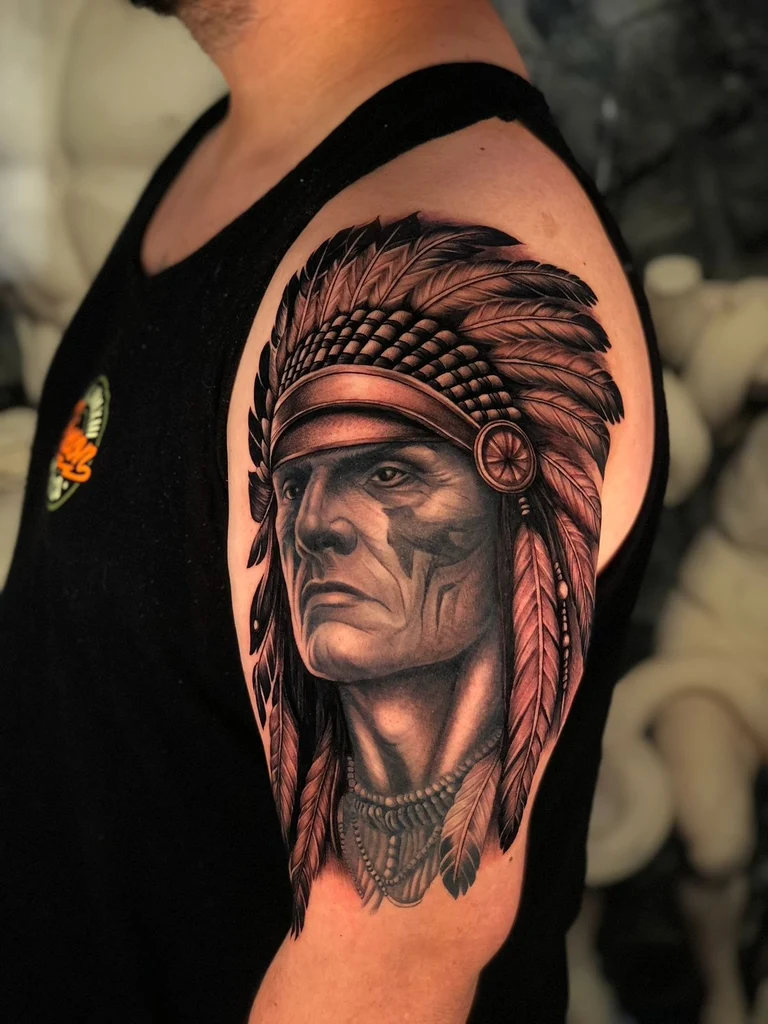 Black and grey horse and statue leg sleeve tattoo