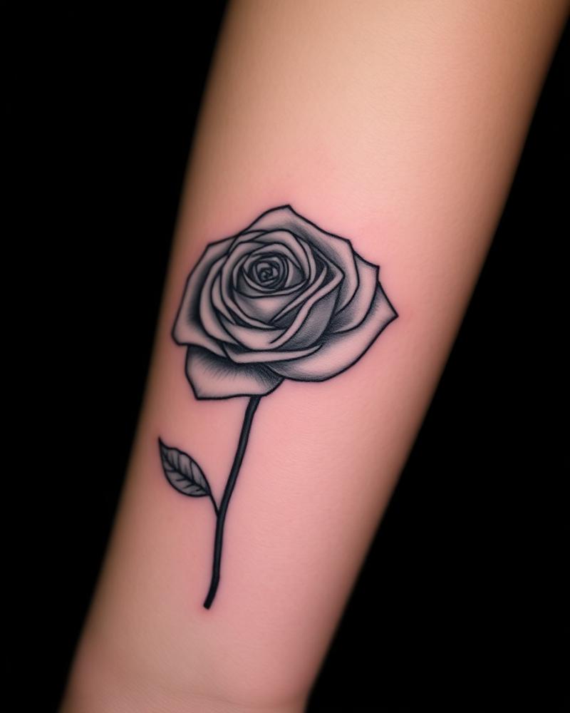 Fine-line black and grey rose tattoo on a forearm