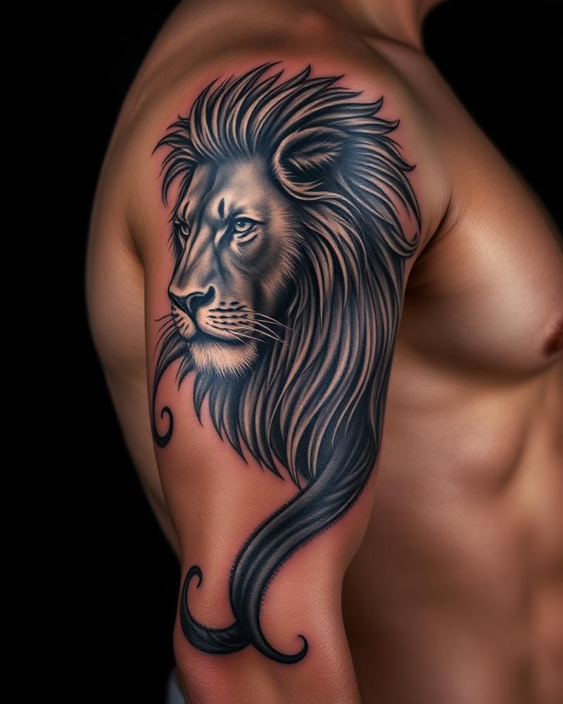 Detailed black and grey lion sleeve tattoo