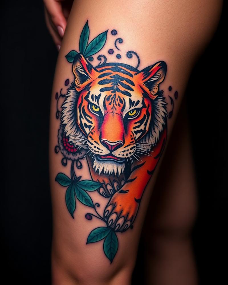 Neo-traditional color tiger tattoo on thigh