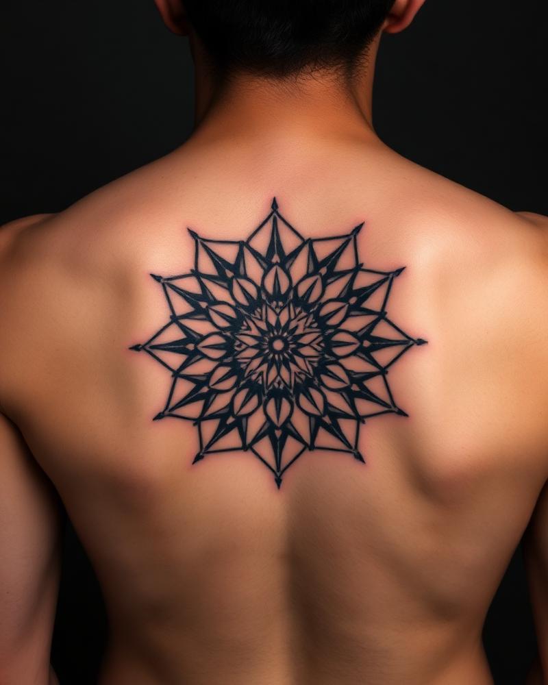 Geometric mandala back tattoo